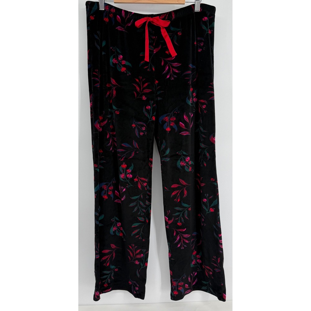 Stars Above Womens Black Floral Velvet Pajama Pants Wide Leg Red Drawstring Sz L